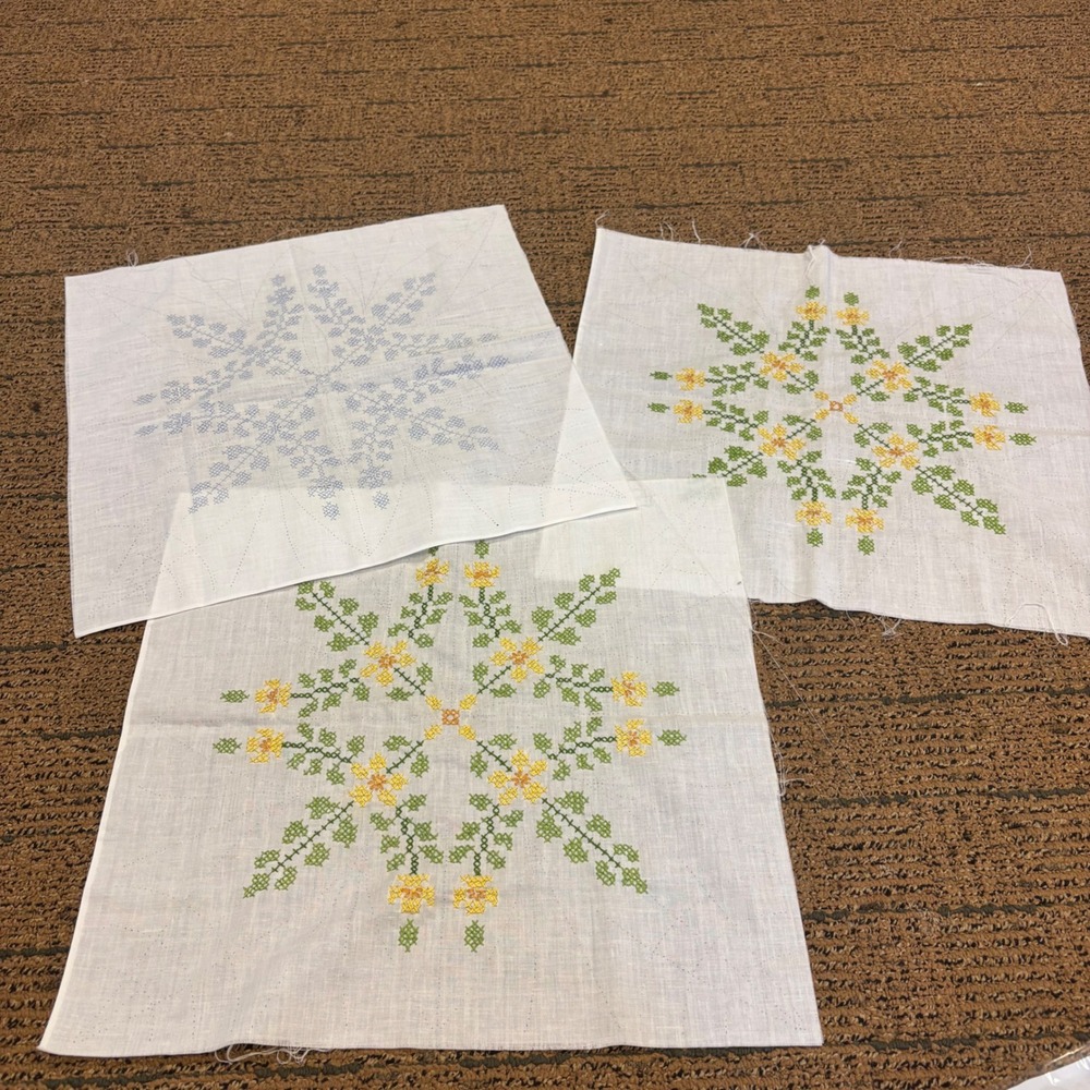 Vintage Hand Stitched Cross Stitch Quilt Blocks Floral Blue Yellow Set of 3
